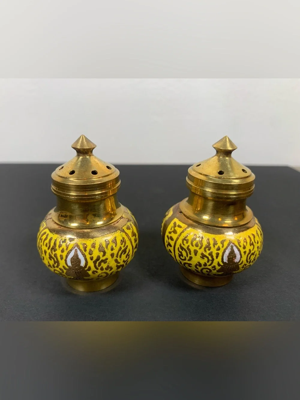Vintage Enameled Brass Salt and Pepper Set Tray India